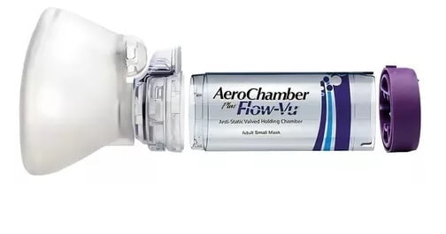 Aerocámara AEROCHAMBER - Cámara de retención antiestática con válvula (VHC) con mascarilla pequeña para adulto (VIOLETA)