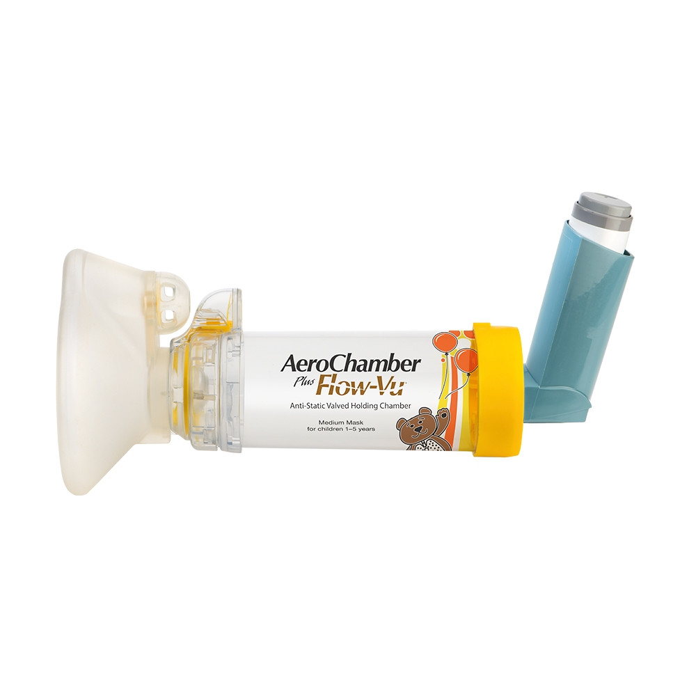 Aerocámara AEROCHAMBER - Cámara de retención antiestática con válvula (VHC) con mascarilla mediana (AMARILLA)