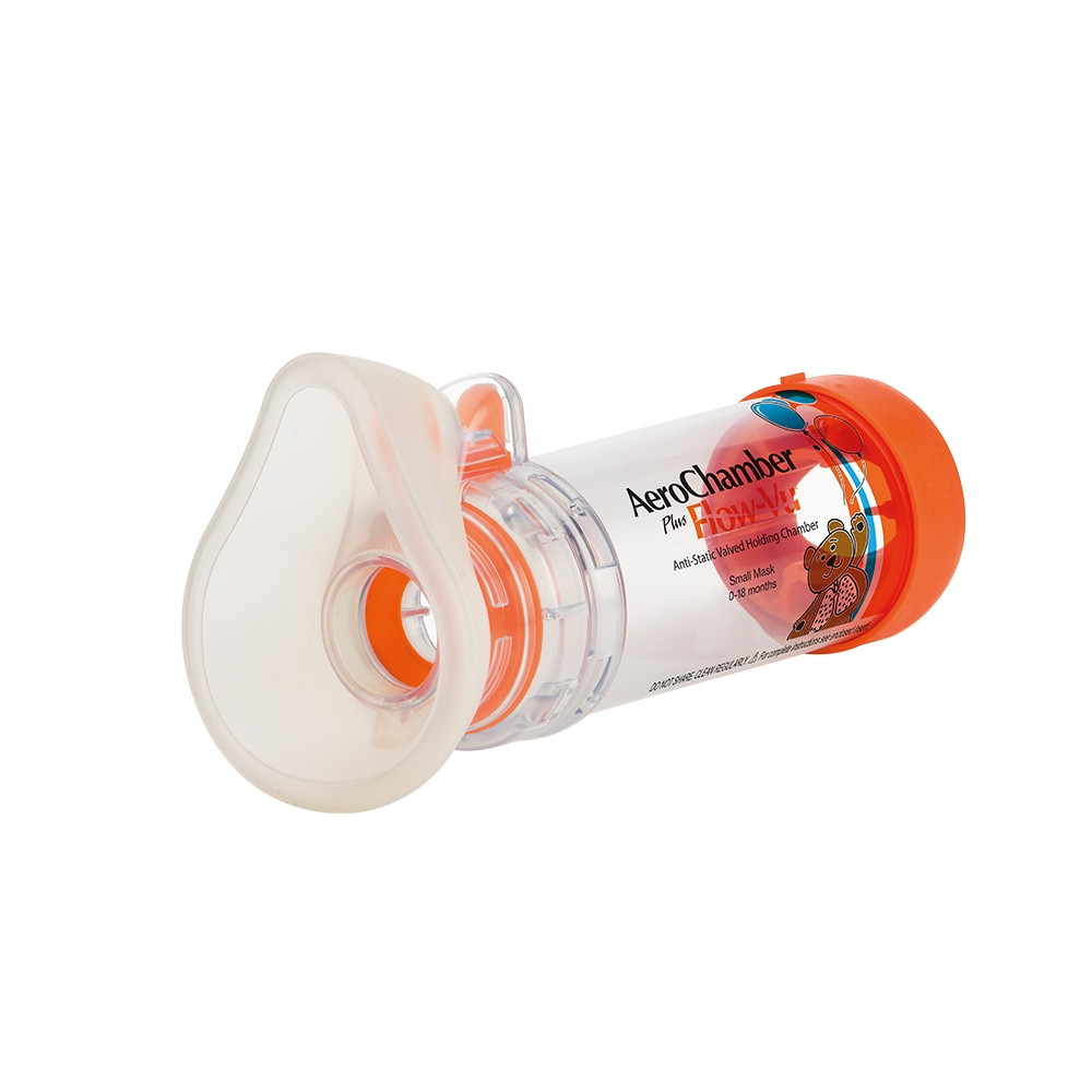 Aerocámara AEROCHAMBER - Cámara de retención antiestática con válvula (VHC) con mascarilla pequeña (NARANJA)